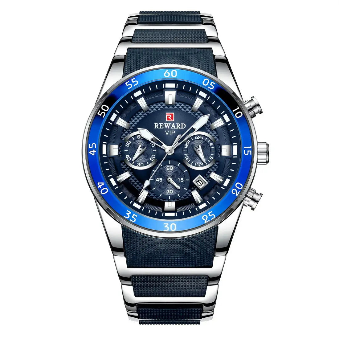 REWARD blue chronograph men’s watch stainless steel strap front view