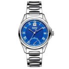Silver watch with a blue face on a white background