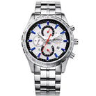 Silver watch with a white face on a white background