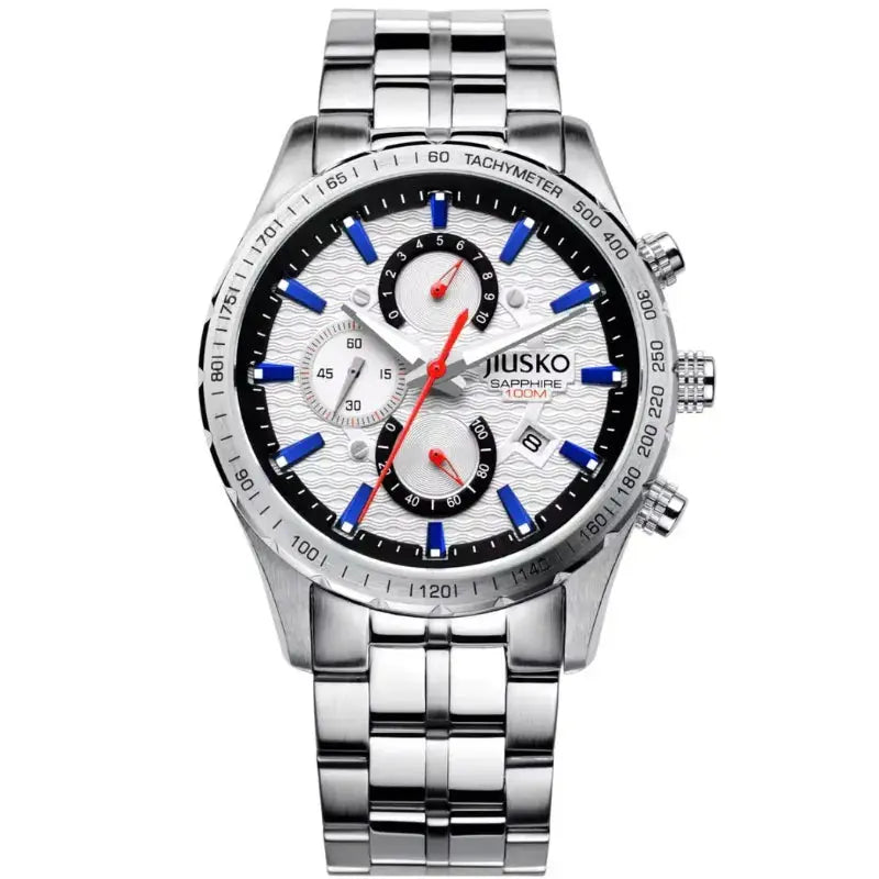 Silver watch with a white face on a white background