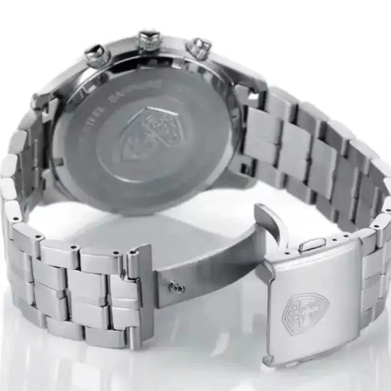 Silver watch with metal band on a white background
