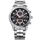 Silver watch with a black face on a white background