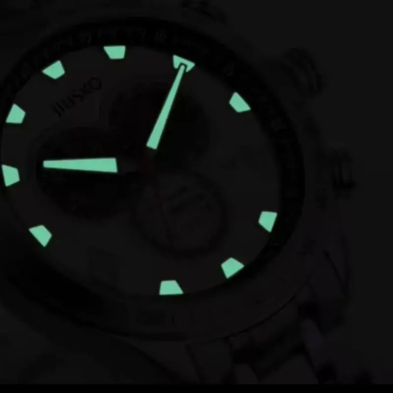 Watch face with glowing green markers on a dark background