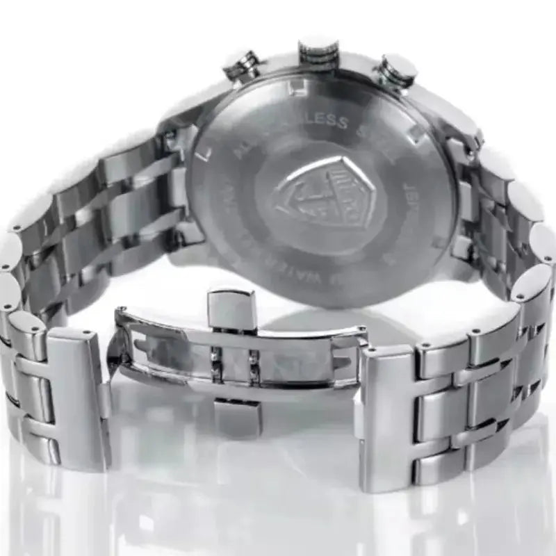 Silver watch with metal band on a white background