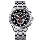 Silver watch with black dial on a white background