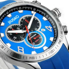 Blue watch with a detailed face and visible brand name on a white background