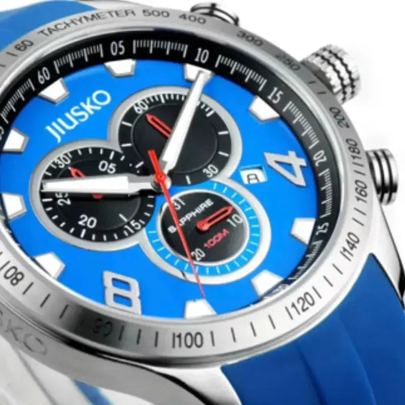 Blue watch with a detailed face and visible brand name on a white background