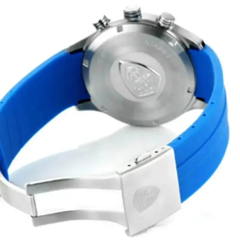 Wristwatch with blue strap and silver case on a white background
