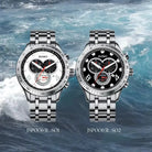 Two JILSKO watches with different face designs on a water background