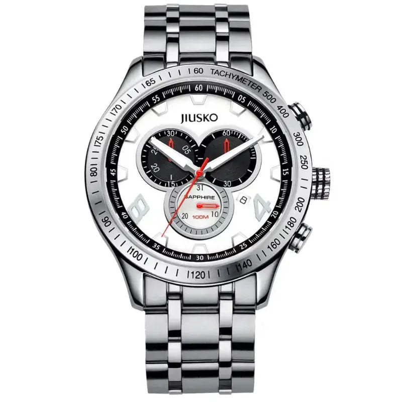 Silver watch with detailed face on a white background