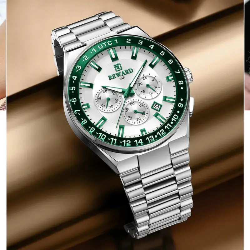Close-up of REWARD RD813150M green bezel chronograph dial with date display and subdials