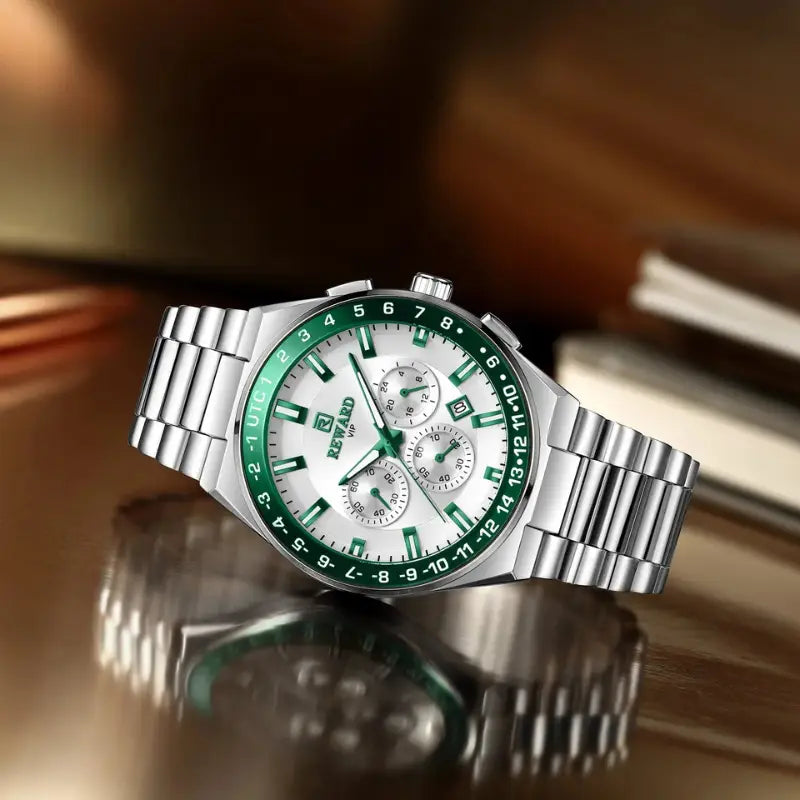 REWARD RD813150M men’s green chronograph watch luxury stainless steel wristwatch lifestyle angle