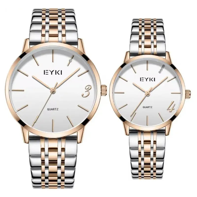 Two EYKI watches with silver and rose gold straps on a white background