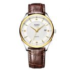 Watch with brown leather strap and gold and silver accents on a white background