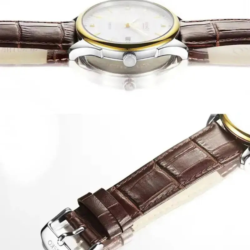 Watch with brown leather strap and gold and silver case on a white background