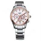 Silver and rose gold watch with a white face on a white background