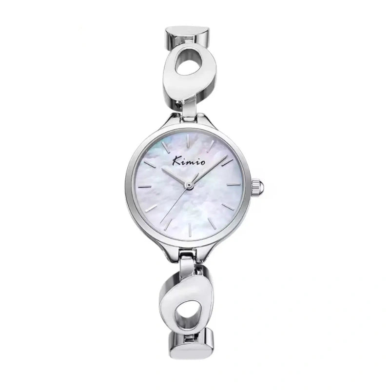 Silver watch with a white face on a white background